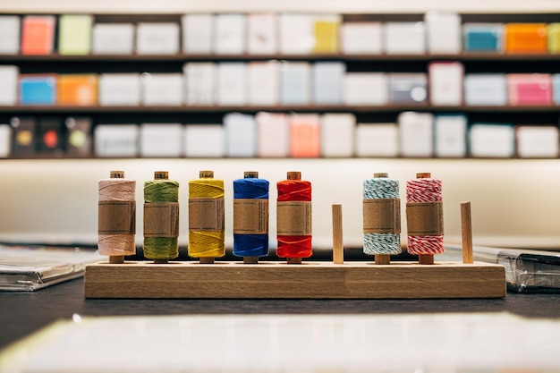 Рабочая студия с нитками и образцами вышивок